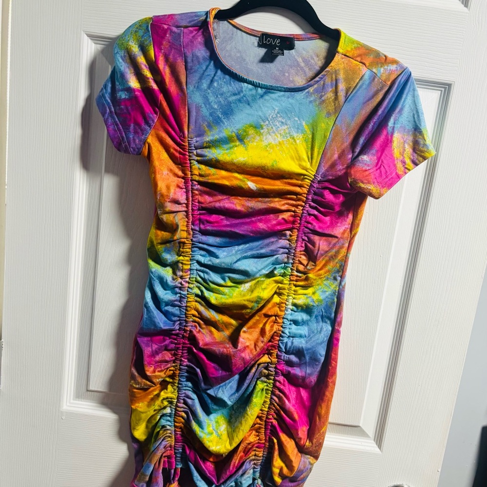 Colorful Ruched Tie-Dye Dress